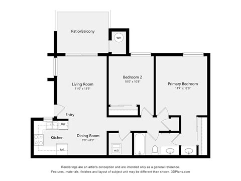 Floor plan for 2 beds, 1 bath, 850 sqft